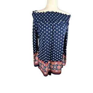 Discreet Off the Shoulder Navy Blouse Floral Hem & Cuff Flare Sleeve Size M EUC